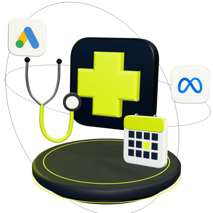 Cruz médica lima em 3D ao lado de um estetoscópio e de um calendário com um dia marcado, com as marcas do Google Ads e da Meta em órbita.