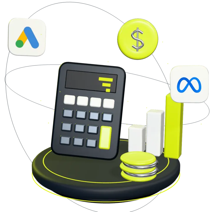 Calculadora em 3D com tecla lima, pilha de moedas, moeda com cifrão e colunas de um gráfico crescente, com as marcas do Google Ads e da Meta em órbita.