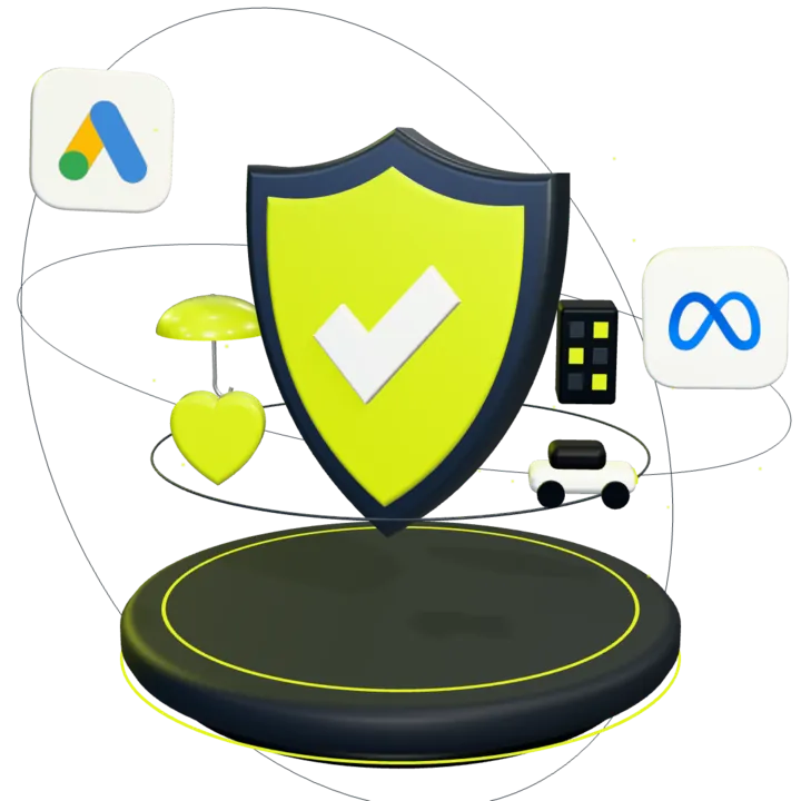 Escudo lima em 3D com sinal de conferido, cercado por um automóvel, um coração, um guarda-chuva e um prédio em órbita, com as marcas do Google Ads e da Meta.