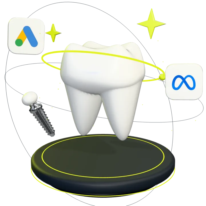 Dente em cerâmica branca em 3D, contornado por um aro lima, com um implante e brilhos ao redor e as marcas do Google Ads e da Meta em órbita.