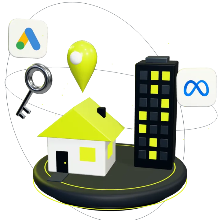 Maquete em 3D de uma casa de telhado lima e de um prédio com janelas acesas, com marcador de localização e chave, e as marcas do Google Ads e da Meta em órbita.